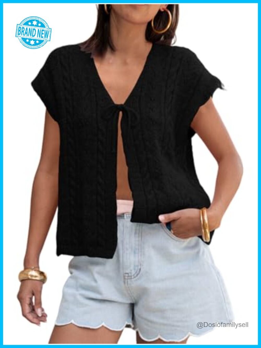 Sleeveless Cable Knit Vest Tie Front Bow V Neck Lightweight Cardigan